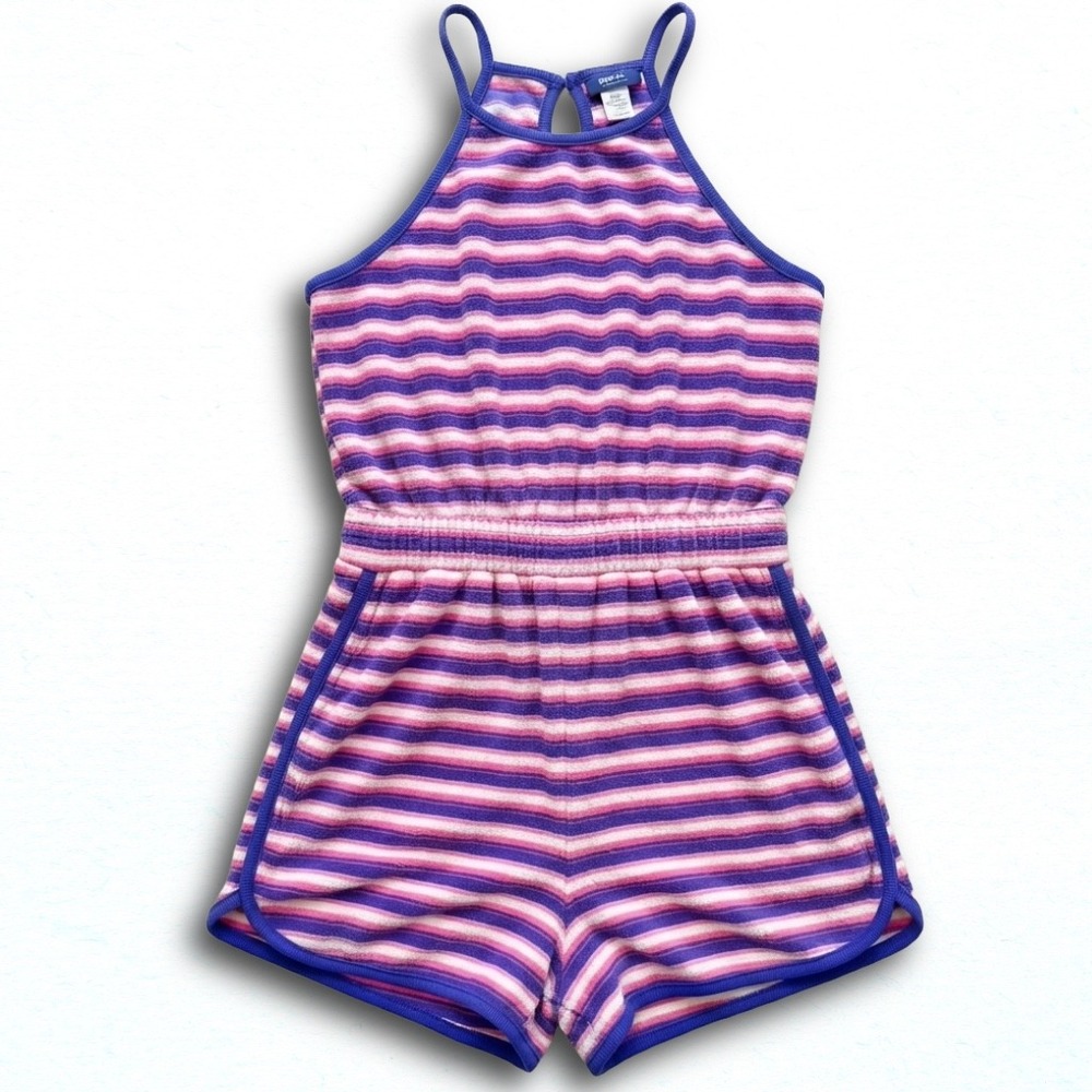 Old Navy Girls XXL 18 Terry Cloth Striped Romper Purple Pink Sleeveless Pockets